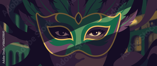 Mysterious green and purple carnival mask with gold trim and large feathers is worn by a person with captivating eyes, creating a dramatic and festive atmosphere at night