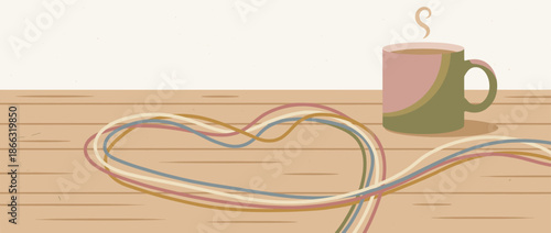 Colorful intertwined threads forming a heart shape on a wooden table next to a steaming mug of coffee, a flat vector illustration representing love, craft, and cozy moments