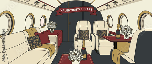 Illustrated interior of a luxurious private jet decorated for a romantic escape, featuring plush seats, champagne bottles, and bouquets of white roses for a special occasion