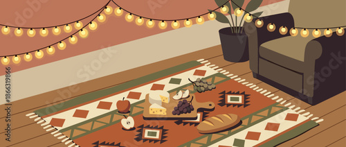 Cozy indoor picnic scene illustration with a cheese board, fruit, and bread on a patterned rug in a warm living room with an armchair and glowing string lights