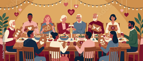 Large diverse multi-generational family celebrating at a long festive dinner table, holding symbolic wooden signs of love and peace under warm string lights
