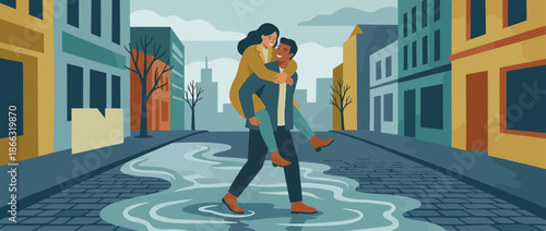 Smiling man carrying a woman piggyback across a large puddle on a cobblestone city street after the rain, showcasing a moment of love, care, and playful romance