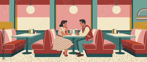 Happy young couple in vintage 1950s clothing enjoys a romantic date, smiling and drinking milkshakes while sitting together in a classic retro style diner booth illustration