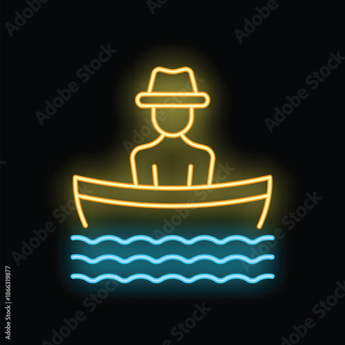 Bright neon sign representing a fisherman wearing a hat, sailing on a small boat on water, perfect for attracting customers