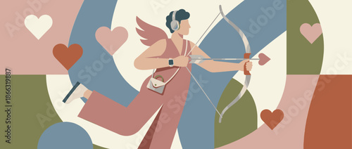 Modern Cupid character with wings and headphones aims a bow with a heart-shaped arrow, representing contemporary romance and online dating in a flat vector illustration style