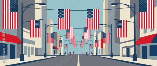 American flags hanging over a city street during a national holiday celebration in a flat vector illustration style with a one-point perspective view