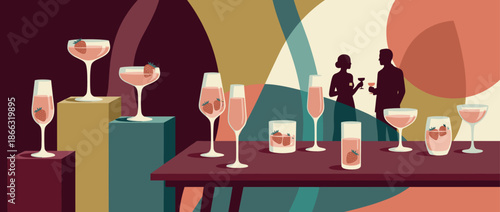 Elegant pink strawberry cocktails in various glasses arranged for a sophisticated party, featuring a retro color palette and silhouettes of people socializing in the background