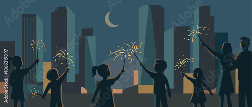 Silhouetted family and children holding glowing sparklers celebrate a festive holiday together against a modern city skyline with a crescent moon in a flat vector illustration