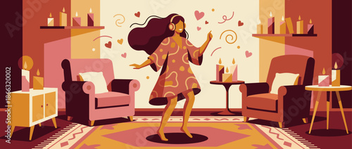 Joyful woman with headphones is dancing alone in her cozy, candlelit living room, feeling happy and relaxed while listening to her favorite music