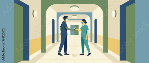 Two healthcare workers in scrubs and masks shaking hands in a modern hospital corridor, a flat vector illustration representing teamwork, care, and collaboration in medicine