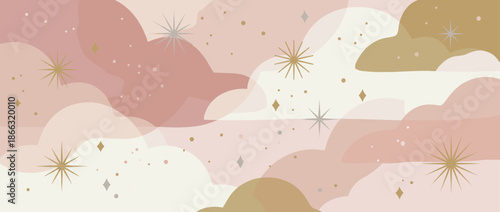 Dreamy celestial pattern with abstract cloud shapes, sparkling gold stars, and magical elements in a soft pastel color palette creating a modern, gentle wide banner