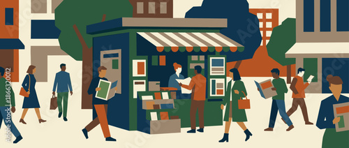 Stylized flat illustration of a busy city street with diverse people walking, reading newspapers, and buying from a central newsstand kiosk under trees with urban buildings