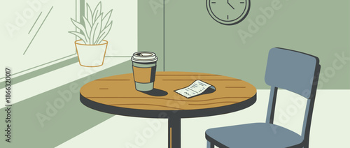 Paper coffee cup with a cardboard sleeve and a receipt on a round wooden table in a quiet cafe with a simple chair and plant in a flat illustration style