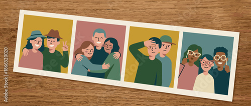 Illustrated photo booth strip showing diverse friends posing, hugging, and having fun together in a series of four snapshots on a warm wooden background
