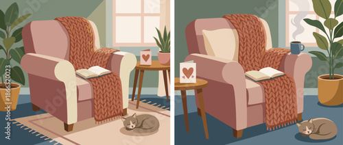 Cozy armchair with a knit blanket in two illustrations showing a comfortable home interior with a sleeping cat, open book, potted plants, and a hot drink for a relaxing hygge moment