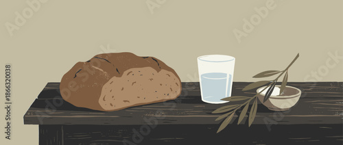 Humble meal of bread water and an olive branch on a rustic wooden table, a minimalist still life illustration with a textured, vintage feel and ample copy space