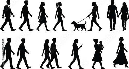 People walking silhouette collection showing men women couples families and dog walkers in different everyday poses, urban lifestyle characters ideal for city scenes and motion concepts
