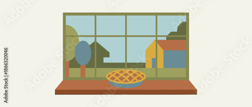 Warm lattice crust pie cooling on a windowsill in a cozy home, with a view of a rustic landscape through the window in a flat illustration style