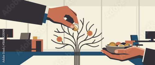 Stylized illustration of a hand planting a coin on a money tree while another hand collects the harvest in a bowl, symbolizing investment and financial growth in an office setting