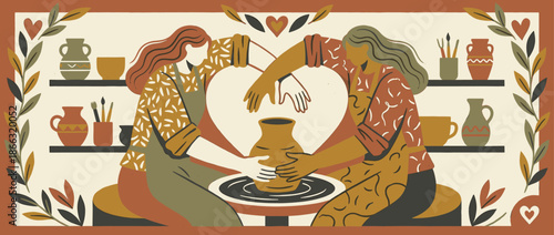 Two women creating a clay pot together on a potter's wheel, their arms forming a heart shape in a warm, folk art style illustration of a creative workshop