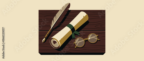 Rolled parchment scroll with a quill and vintage spectacles rests on a dark wooden table in this historical vector illustration with a literary and academic mood