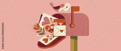 Charming pink mailbox illustration overflowing with romantic love letters, Valentine's cards, and flowers, with a small bird delivering a message of affection on a pink background