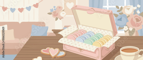Colorful pastel macarons in a pink gift box sit on a wooden table with heart-shaped cookies and tea, creating a sweet, romantic scene for a special occasion or celebration