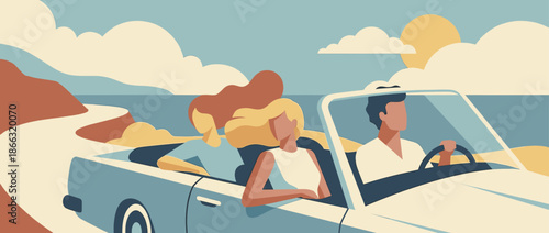 Three young friends in a blue convertible driving along a scenic coastal road on a sunny summer day, minimalist flat illustration style with a retro color palette