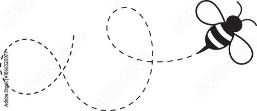 A simple black and white illustration of a bee in flight with a dotted trail
