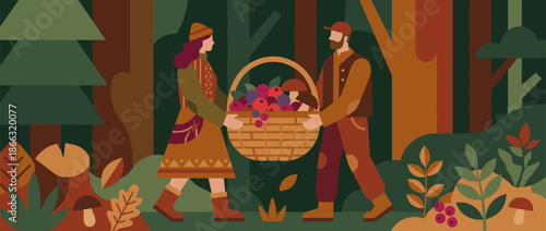 Couple carrying a large wicker basket filled with mushrooms and berries while foraging together in a stylized autumn forest, a flat vector illustration with warm earthy tones