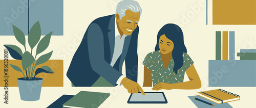Smiling senior male mentor guiding a young woman using a tablet at a desk, illustrating teamwork and professional development in a modern, textured art style