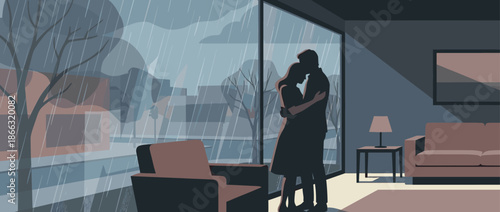Silhouette of a romantic couple hugging affectionately while standing by a large window in a cozy living room as heavy rain falls outside during a gloomy, overcast day