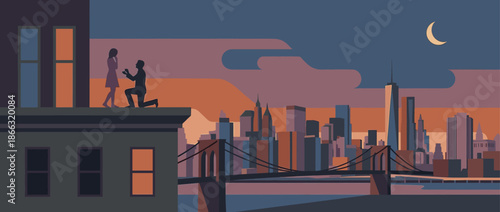 Silhouetted man proposing to a woman on a building rooftop overlooking a vast metropolitan cityscape with a bridge and river under a crescent moon at dusk