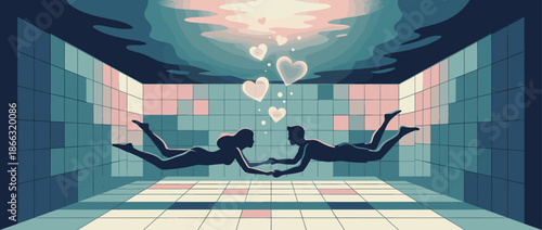 Romantic couple silhouette holding hands swimming towards each other underwater in a tiled pool with heart-shaped bubbles rising to the surface