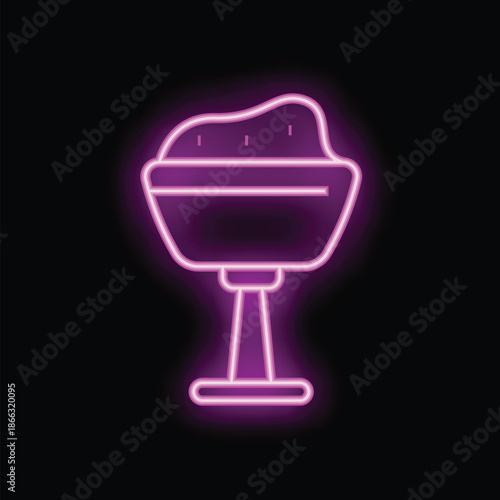 Neon pink glowing outline of a delicious ice cream sundae in a coupe glass, shining on a black background