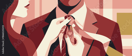Woman's elegant hands adjusting a man's red patterned necktie with a heart, a close-up illustration depicting a romantic and intimate moment between a couple in formal wear