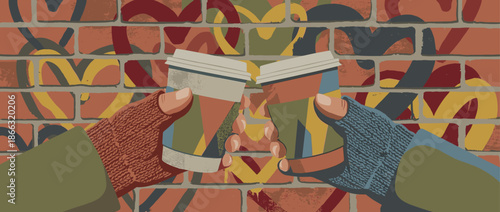 Two hands in cozy knitted gloves holding paper coffee cups and making a toast against a colorful brick wall in a textured, flat illustration style