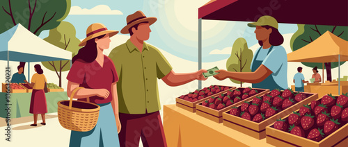 Couple buying fresh red strawberries from a friendly vendor at a bustling outdoor farmers market stall on a bright and sunny summer day, illustrated in a flat vector style