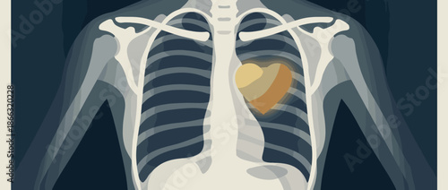 Stylized human chest x-ray illustration with a glowing golden heart inside the rib cage, representing cardiology, health, and anatomy on a dark background