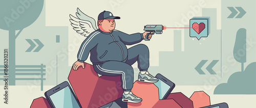 Modern cupid character with angel wings and a tracksuit shoots a laser gun at a like icon, sitting on smartphones in a satirical vector illustration about digital love