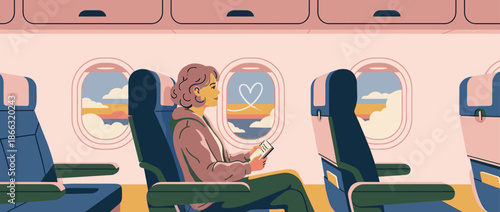 Young woman passenger sitting by an airplane window looks out at the sunset sky with a heart, enjoying a peaceful flight in a modern flat vector illustration style