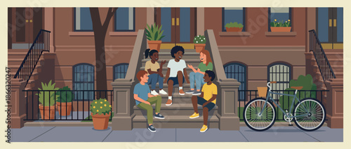 Diverse group of happy children friends sitting on the front steps of a brownstone building, talking and laughing together in a friendly urban neighborhood scene
