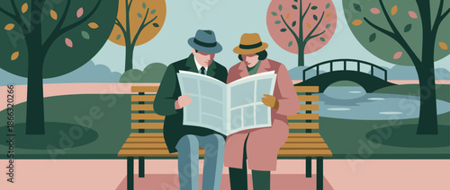 Stylish couple in retro coats and hats reading a newspaper together on a park bench in a serene autumn landscape with a pond and bridge