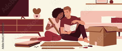 Happy young diverse couple assembling new furniture together on the living room floor, reading the instruction manual and smiling in their new home illustration