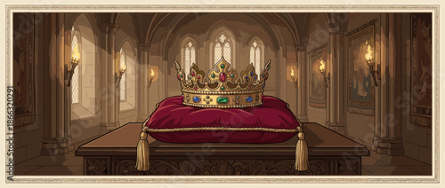 Ornate golden crown with colorful jewels resting on a red velvet cushion in a medieval castle throne room with stone walls, arched windows, and burning torches