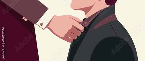 Close-up illustration of a hand adjusting a formal jacket collar with heart details, a tender scene representing care, support, love, and mentorship in a minimalist style