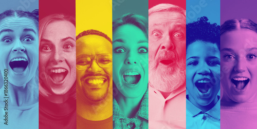 фотографія Expressive collage of diverse people faces in bold duotone palette