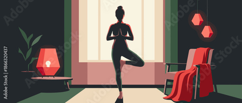 Woman's silhouette in the tree pose stands before a large window in a dimly lit, tranquil living room with modern furniture and warm red accent lighting