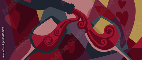 Stylized red wine pouring from a bottle into two elegant glasses in a modern abstract style with romantic heart shapes and geometric forms in a warm color palette