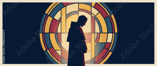 Silhouetted monk in a hooded robe stands contemplatively in front of a large, colorful stained-glass window in a minimalist, flat illustration style